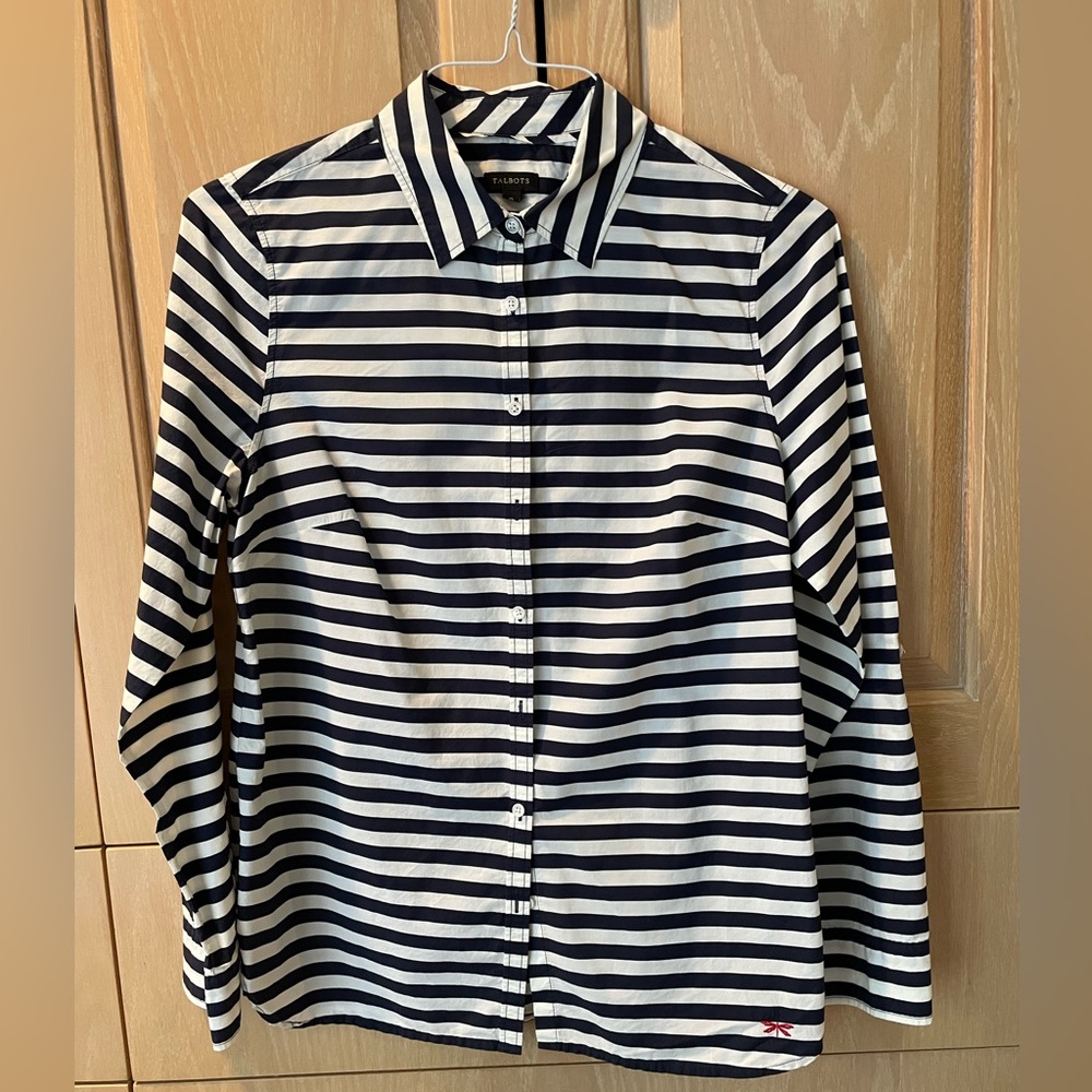 Talbots Navy and White Striped Cotton Long Sleeve Blouse Size 10.
